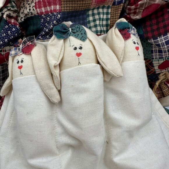 Handmade Patchwork Bunny Doll With Three Baby Bunnies In Apron 18" Plush Decor - Picture 11 of 13